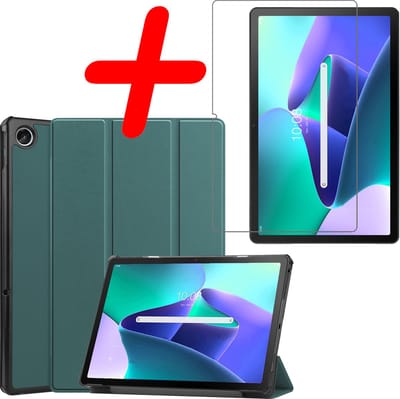 Hoesje Geschikt voor Lenovo Tab M10 Plus (3e / 3rd Generatie) - Met Screenprotector - Trifold Bookcase - Hard Cover - Hardcover Book Case - Tablet Hoes - Donkergroen