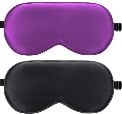 Famanu - Zijden slaapmasker, 2-pack 100% echt natuurlijk, puur zijden oogmasker met verstelbare riem, oogslaapmasker, voor zomerreizen Vermindert gezwollen ogen (11 Black & Purple)