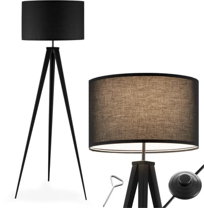 tectake® Vloerlamp - Staande lamp 3-poot - 158 cm hoog - Linnenlook kap - Voetschakelaar - Zwart