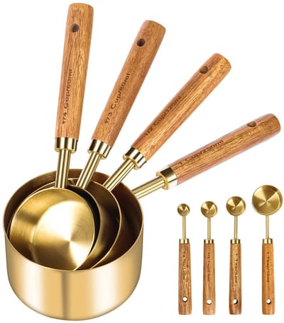 Maatbekers en maatlepels, 8 stuks, houten handvat, met metrische en Amerikaanse maten, premium roestvrij staal, goud gepolijst, droge en vloeibare maatbekers, voor koken en bakken