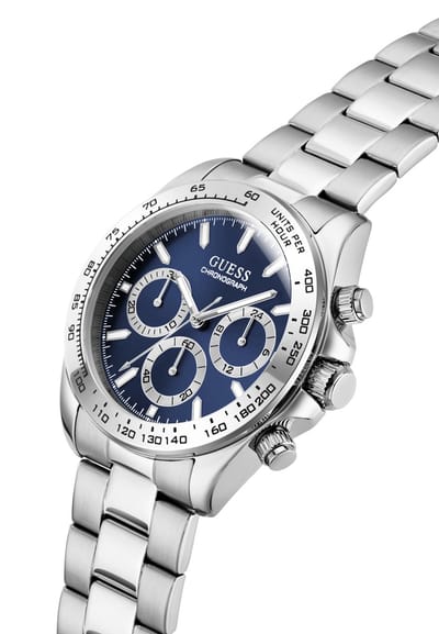 Guess Arthur Quartz Chronograaf Horloge Zilverkleurig Kast Gemaakt Van 100% Roestvrij Staal En Een Armband Van 100% Roestvrij Staal 42 GW1058G1, GW1058G2, GW1058G6, GW1058G7
