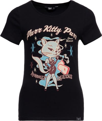 Queen Kerosin Damen Print T-Shirt ''Purr Kity Purr'' QKI31004 Black-L