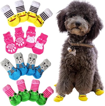 16 stuks hondensokken, antislip huisdierpootbeschermer, antislip hondenschoenen, kattenpuppysokken, hondengrip sokken met riemen, voor binnen en buiten, winter, voor kleine honden