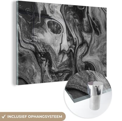 Glasschilderij zwart wit - Zwart - Graniet - Wit - Steen - 150x100 cm - Schilderij glas - Woonkamer decoratie