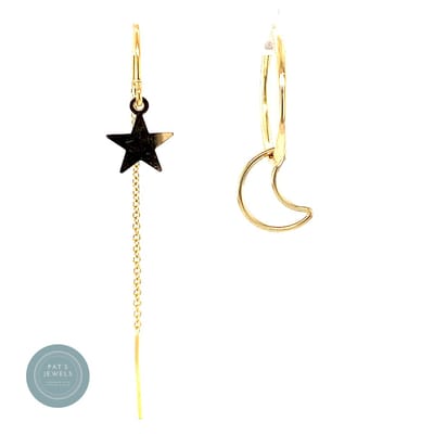 Pat's Jewels Dames Oorbellen - Doortrek Oorbel - Minimalistische Oorring - Oorbellen - Maan en Ster- Goldfilled
