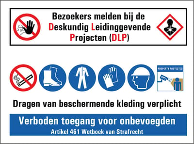 Bezoekers melden bij DLP bouwplaats sticker 200 x 150 mm