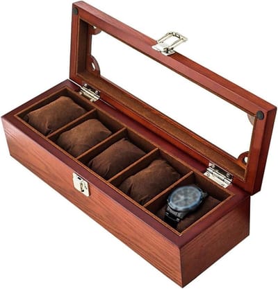 Houten Sieradenkist - Horloge Opberger - Sieraden Organiseren - Glazen Deksel - 5 Vakken - Natuurlijk Hout