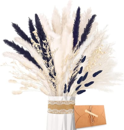 Groot Pampasgras Boeket - Zwart & Wit Gedroogde Bloemen voor Woondecoratie en Bruiloft - Natuurlijk Boho Siergras