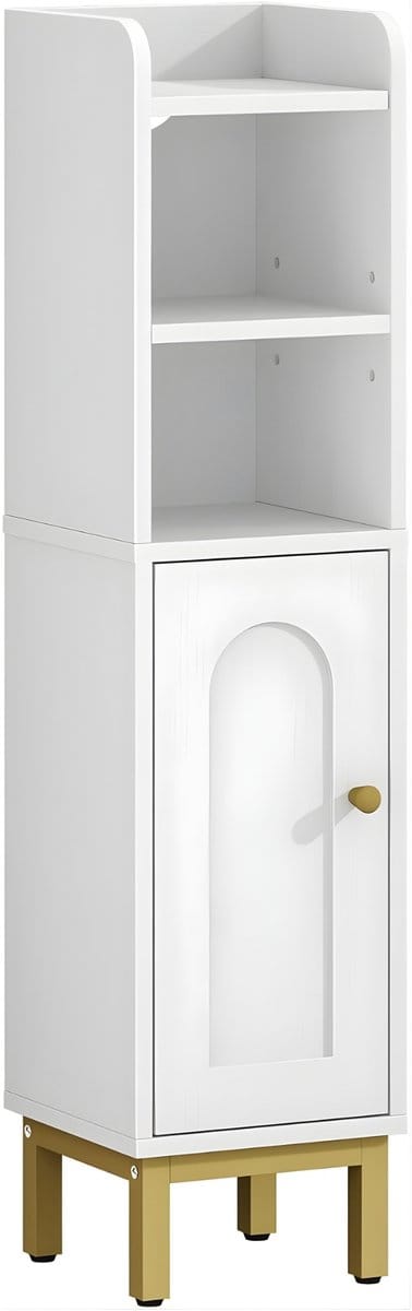 Badkamerkast – Voor Badkamer & Toilet – Smalle Opbergkast met Deur en Planken voor Toiletpapier – Wit