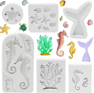 Siliconen Mallen voor 3D Zee Dieren en Zeemeerminnen, Perfect voor Taartdecoratie, Chocolade en Snoep, 6 Stuks
