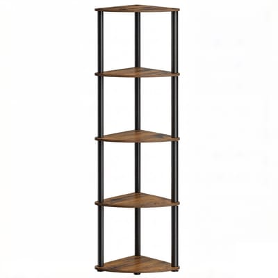 Vijflaagse Hoekopbergrek Hoekplank Eenheid Boekenkast Plantenrek Displayrek 38,3x27x139 cm Bruin+Zwart Snelle Gereedschapsloze Montage Multifunctionele Opslag Ruimtebesparend Stevig Frame Geschikt voor Woonkamer, Slaapkamer en Keuken