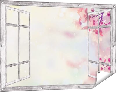 Gards Tuinposter Doorkijk Roze Bloesemboom met Zonneschijn - 120x80 cm - Tuindoek - Tuindecoratie - Wanddecoratie buiten - Tuinschilderij
