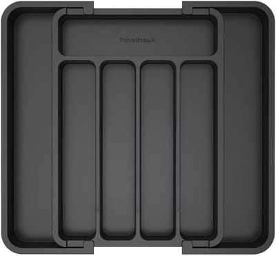 Travelhawk Bestek organizer - Uitschuifbare Organizer voor Besteklade – Kunststof – Zwart – Verstelbaar 31 tot 37 cm breed - 31 cm diep