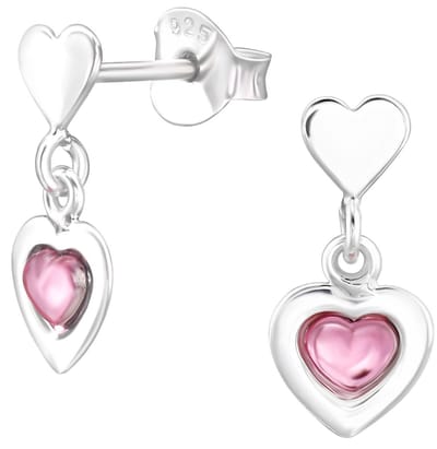 Joy|S - Zilveren hartje met hartje bedel oorbellen - 6.3 x 14 mm - roze zilver - kinderoorbellen