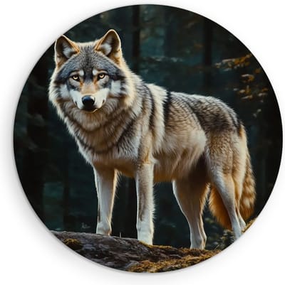 Saammp Muurcirkel Hout - Wolf op steen - Dieren - Natuur - Ø 90 - Wandcirkel - Wanddecoratie Cirkel - muurdecoratie Woonkamer - Slaapkamer decoratie - Rond Schilderij