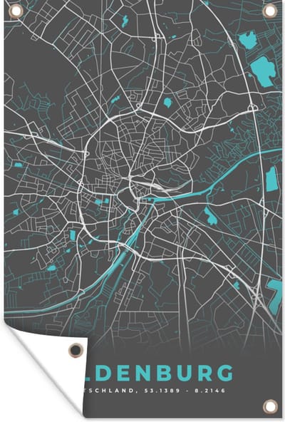Muurdecoratie Oldenburg – Stadskaart – Blauw – Plattegrond – Stadskaart – Kaart - Duitsland - 120x180 cm - Tuinposter - Tuindoek