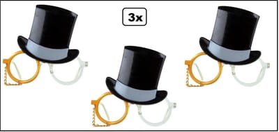 3x Bril hoge hoed met monocle goud - Fun themafeest verjaardag festival themaparty festival funbril