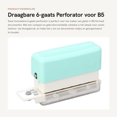 Dailygoods- Perforator 6-gaats - Draagbaar en Compact - Innovatieve P-box - Geschikt voor B5 en Losse Bladen - Handig voor Scrapbooking - Opgeruimd Werk - Ponsmachine