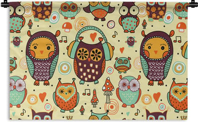 Wandkleed - Wanddoek - Uil - Koptelefoon - Patroon - 90x60 cm - Wandtapijt