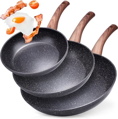Koekenpan Set Graniet BLACK&WOOD 20 / 24 / 28 cm 3 stuks - Koekenpannen - Braadpannen - Koekenpannenset - Multifunctionele Pan voor Vlees - Groenten