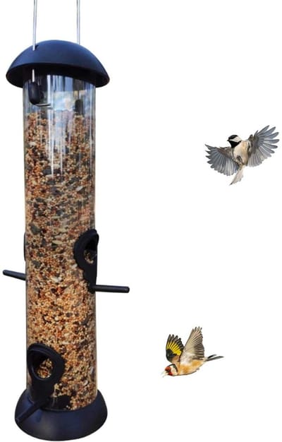Buisvormige voederbak - Voederhuisje - Hangende voederbak - Voederhuisje voor buiten - Lokmiddel voor wilde vogels - 4 voederopeningen - Geschikt voor buitenterrassen, tuinen en terrassen - Zwart