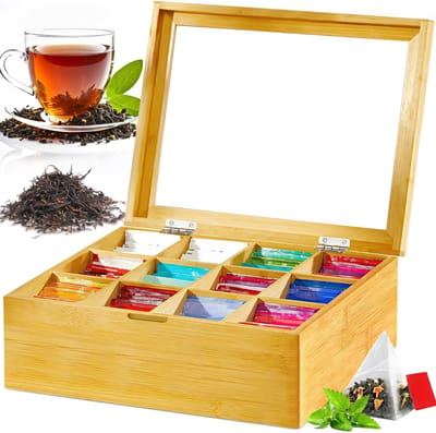 SNJY® Theedoos 12 Vaks - Theekastje - Thee Organizer - Theekist - 23L x 28B x 9H cm - Bruin