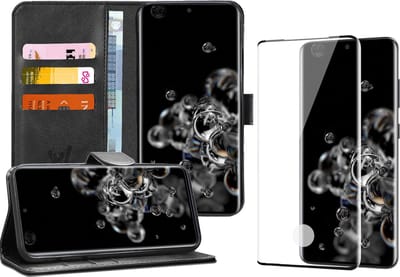 Hoesje geschikt voor Samsung Galaxy S20 Ultra - Screen Protector FullGuard - Book Case Kunstleer Pasjeshouder Zwart & Screenprotector