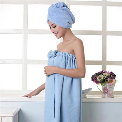 Dames schattige strik sneldrogende badhanddoek spa-wraps en douchemuts badjasset blauw
