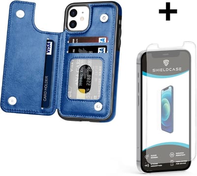 ShieldCase Wallet case geschikt voor Apple iPhone 12 / 12 Pro - 6.1 inch - ruimte voor pasjes - pasjeshouder - portemonnee - blauw + glazen Screen Protector
