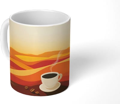 Mok - Koffiemok - Koffie - Landschap - Oranje - Koffiebonen - Mokken - 350 ML - Beker - Koffiemokken - Theemok