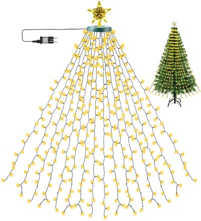 MUPOO LED Kerstboom voor buiten - 3 meter - 490 ledlampjes - Kerstdecoratie - Warm Wit Licht - met 8 modi - Timer - Watervalverlichting - Waterval kerstboomverlichting met ster als topversiering