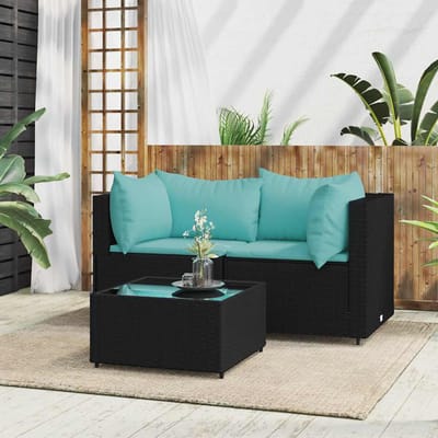 vidaXL - 3-delige - Loungeset - met - kussens - poly - rattan - zwart