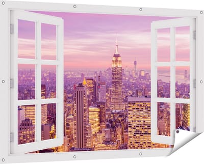 Gards Tuinposter Doorkijk New York Skyline met Lichten bij Zonsondergang - 150x100 cm - Tuindoek - Tuindecoratie - Wanddecoratie buiten - Tuinschilderij