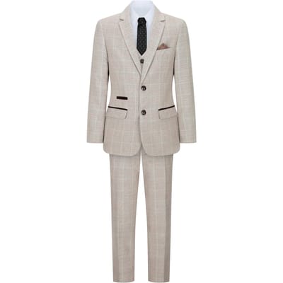 3-delig beige tweed geruit vintage retro pak voor jongens
