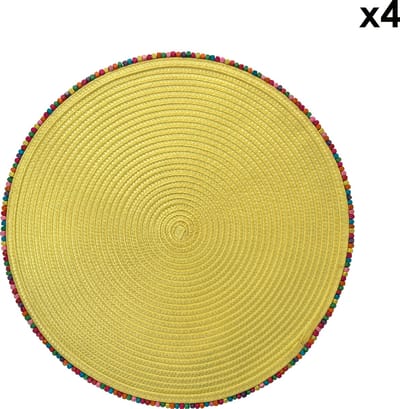 Arca BORDATO Set van 4 Gele Placemats Rond 38cm, met speelse houten kralen afboording - polyester - onderhoudsvriendelijk