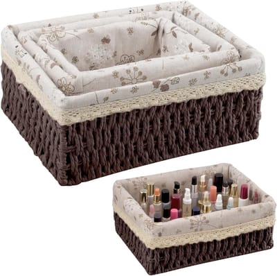 Set van 3 gevlochten opbergmanden, gevlochten manden, opslag voor thuis, kantoor, badkamer en slaapkamer, boho-decoratie (bruin) | Voor thuis, kantoor, badkamer en slaapkamer (S/M/L)