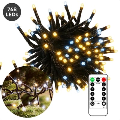 Cheqo® Kerstverlichting - Kerstlampjes - Kerstboomverlichting - 768 LED - Twotone Verlichting - Warm Wit + Wit - Verlichte Lengte 990 CM - 8 Lichtfuncties - Automatische Timer - Binnen en Buiten - IP44 Adapter - Cluster Kerstverlichting