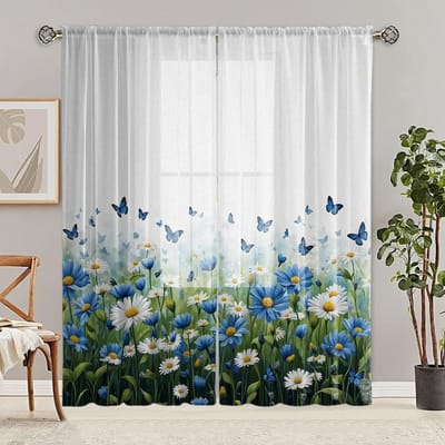 2-delige HD digitale madeliefjes zeeblauwe kleur bedrukking hor Raamdecoratiestijl Woonkamer Slaapkamer Decoreren Rodd W52H63inchW132H160cm white