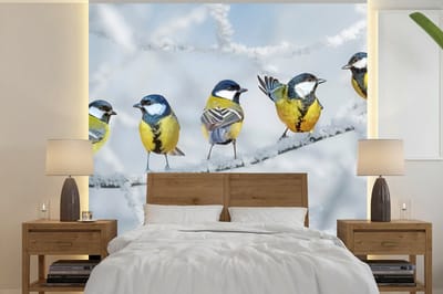 Behang - Fotobehang Vogel - Koolmees - Winter - Sneeuw - Takken - Breedte 220 cm x hoogte 220 cm