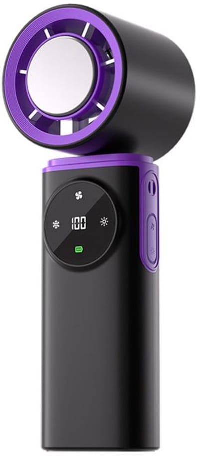 Draagbare ventilator met afmetingen van 18 x 6,2 x 6 cm, voorzien van een 6000 mAh batterij, 5 instelbare snelheden, halfgeleidertechnologie, compacte behuizing, digitaal display en USB-oplaadmogelijkheid.