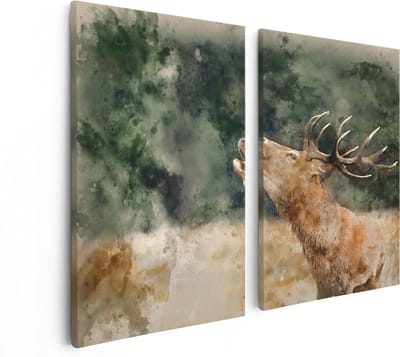 Artaza Canvas Schilderij Tweeluik Hert Aquarel - Abstract - 80x60 cm - Wanddecoratie Woonkamer - Schilderijen - Muurdecoratie