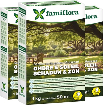 Famiflora graszaad 3kg tot 150m² (3 x 1KG) - Schaduw & zon - ideaal voor een schaduwgazon - Goed voor een gazon tot 50 m² - Hoge schaduwtolerantie - Voor een vol & egaal gazon