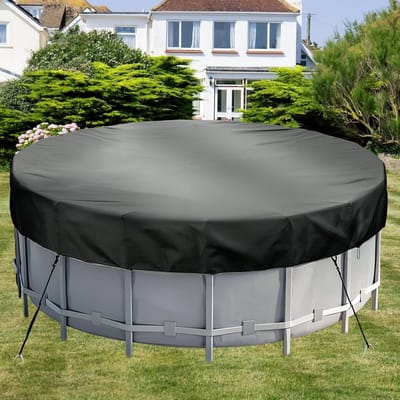 10FT Ronde Zwembad Cover, Heavy Duty 420D Oxford Stof Tuin Zwembad Stofkap met Trekkoord, Waterdichte Ronde Zwembad Cover met Winddicht Touwen en Grond Stakes