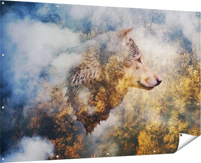 Gards Tuinposter Wolvenkop op een Herfstbos - Wolf - Abstract - 180x120 cm - Tuindoek - Tuindecoratie - Wanddecoratie buiten - Tuinschilderij