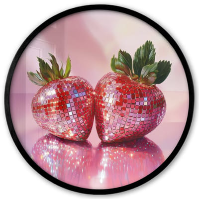 Poster in lijst Rond - Fotolijst 40x40 cm - Posters - Disco - Fruit - Glitter - Strawberry - Ronde posterlijst zwart - Decoratie - Wanddecoratie woonkamer - Muurdecoratie slaapkamer