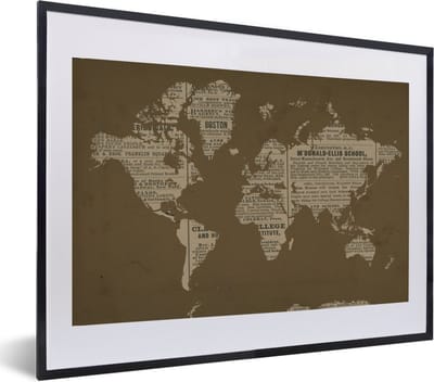 Poster in lijst - Fotolijst 60x40 cm - Posters - Wereldkaart - Retro - Krant - Posterlijst zwart - Decoratie - Wanddecoratie woonkamer - Muurdecoratie slaapkamer