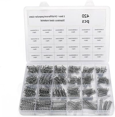 420-delige compressieveren set met 24 specificaties, lengtes van 10 mm tot 30 mm, diverse diameters en elasticiteit voor veelzijdig gebruik