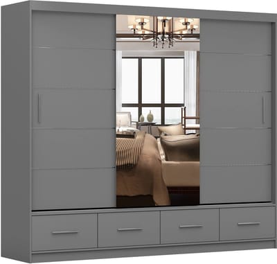 Kledingkast FLIX 250 cm - 3-deurs schuifdeurkast met lades en decoratieve spijlen - Ruime garderobekast met schuifdeuren voor slaapkamer (Grijs)