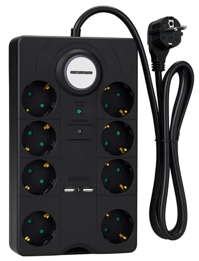 PARKSIDE® Stekkerdoos met Overspanningsbeveiliging - 8 Stopcontacten - 2 USB Poorten (2,1A) - 2 Meter Kabel - Schakelaar met Verlichting - 3680W - Zwart