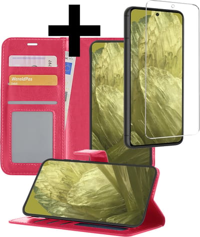 Hoesje - Met Screenprotector - Geschikt voor Google Pixel 8a - Luxe Pasjeshouder - Bookcase Portemonee - Flip Case - Kunstleer Book Case - Flipcase - Book Cover - Walletcase - Portemonneehoes - Telefoonhoesjes - Donkerroze
